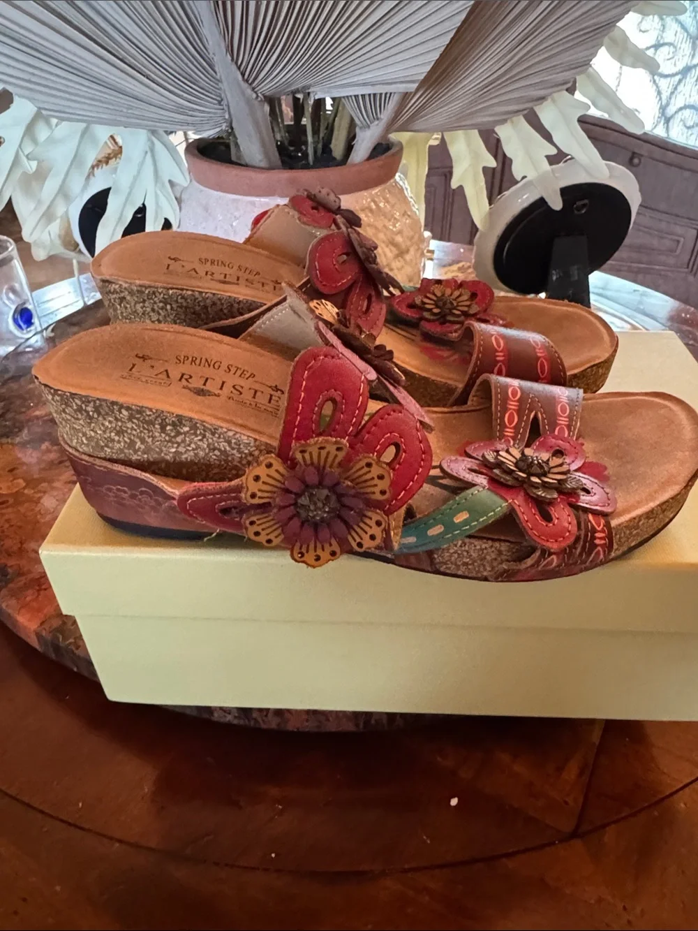 Spring Step L'Artiste Red Floral Cork Wedge Sandals